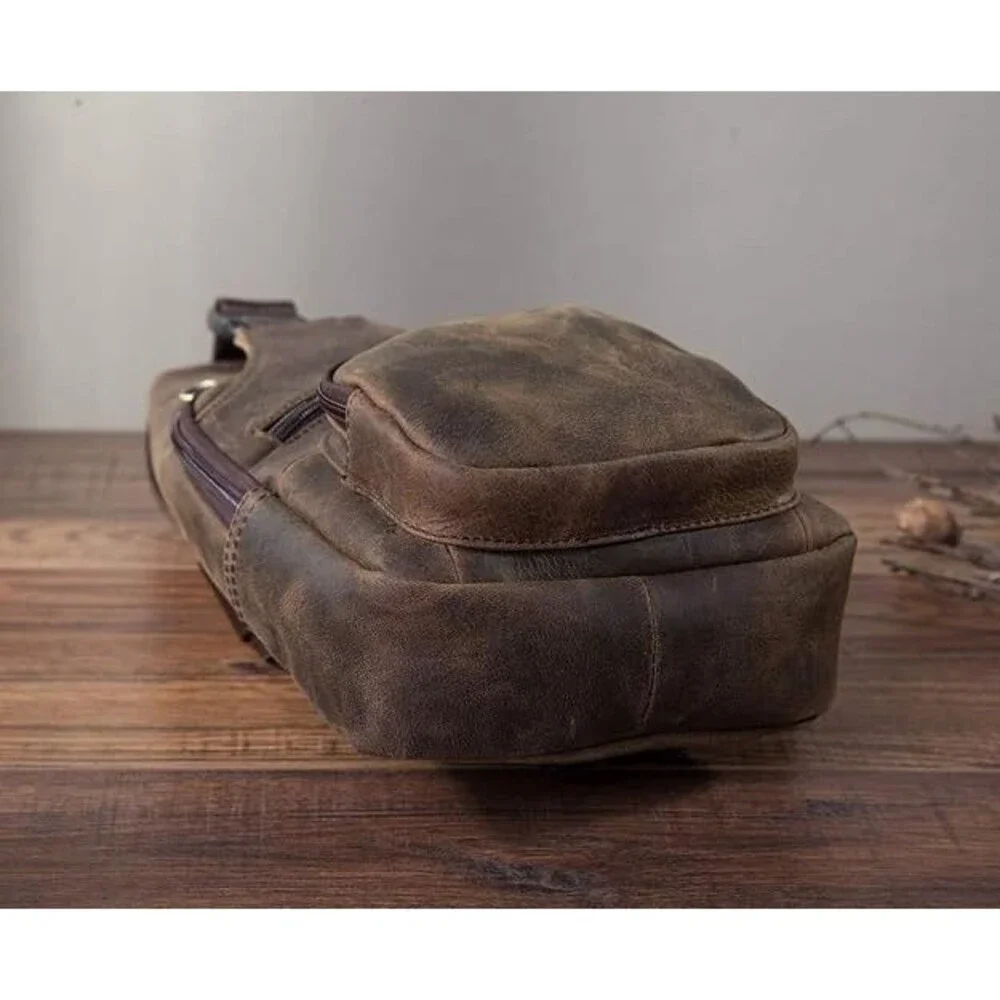 Men Fashion Casual Crossbody Chest Sling Bag, Genuine Leather, Dark Brown